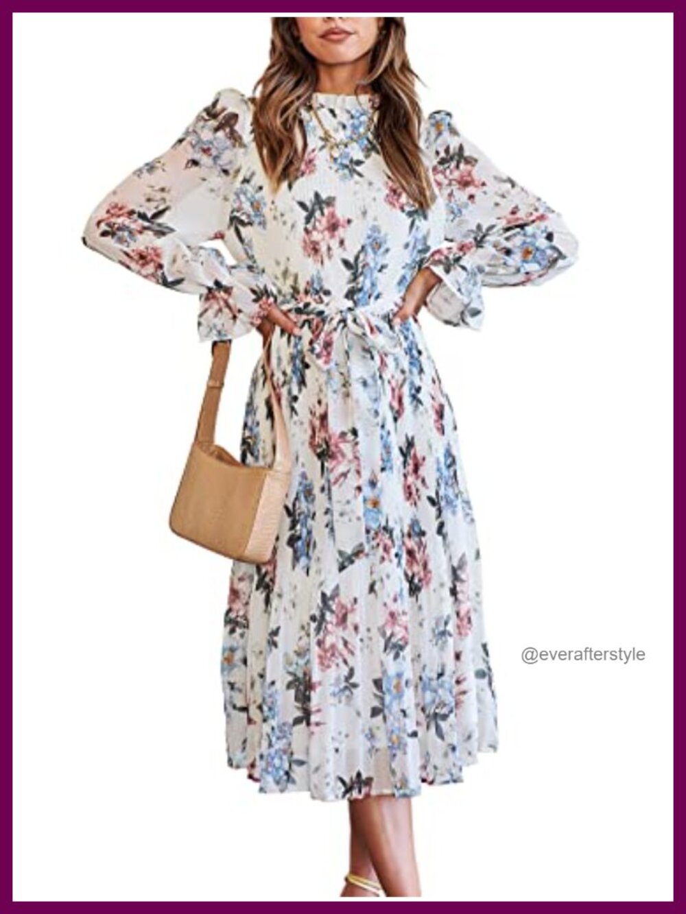 Women Floral Puff Long Sleeve Midi Dress Smocked A-Line